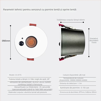 Simcnc spot de intrare cu senzor de mișcare, LED COB, carcasă din aluminiu, CRI înalt 95%, 36V max, senzor de prezență