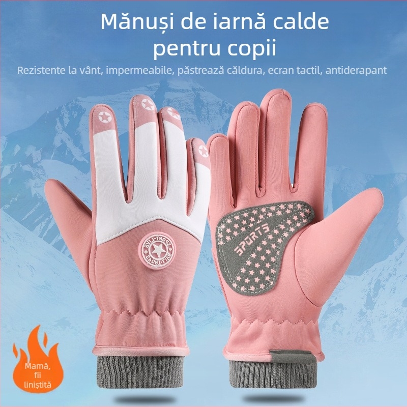 Mănuși de schi pentru copii, unisex, rezistente la vânt și apă, antiderapante, model cu dungi, pentru toamnă-iarnă, copii 5–13