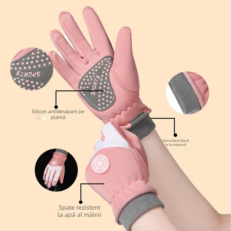 Mănuși de schi pentru copii, unisex, rezistente la vânt și apă, antiderapante, model cu dungi, pentru toamnă-iarnă, copii 5–13