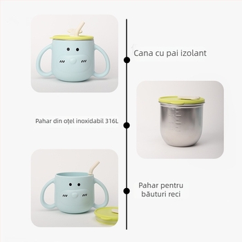 Pahar de apă pentru copii din oțel inoxidabil 316L, cu mâner și pai, formă curbată, diametru standard, potrivit de la 6 luni în sus