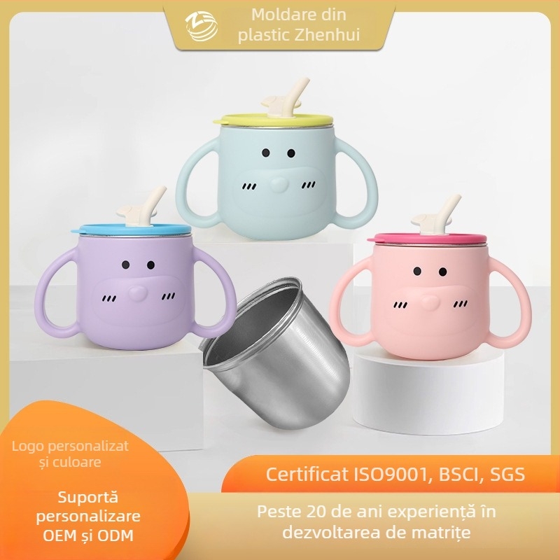 Pahar de apă pentru copii din oțel inoxidabil 316L, cu mâner și pai, formă curbată, diametru standard, potrivit de la 6 luni în sus