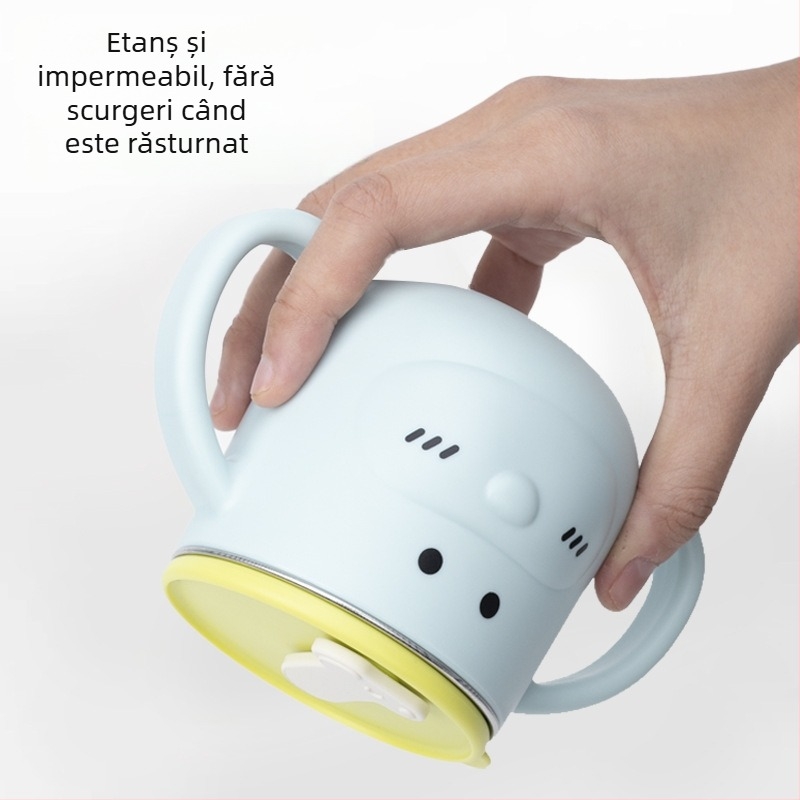 Pahar de apă pentru copii din oțel inoxidabil 316L, cu mâner și pai, formă curbată, diametru standard, potrivit de la 6 luni în sus