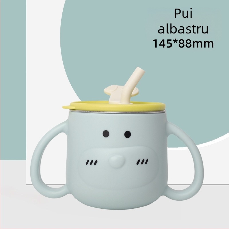 Pahar de apă pentru copii din oțel inoxidabil 316L, cu mâner și pai, formă curbată, diametru standard, potrivit de la 6 luni în sus