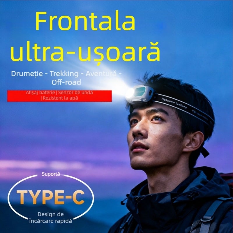 Frontala pentru exterior cu senzor de mișcare, lampă LED reîncărcabilă, ultra-ușoară și portabilă, baterie 1200mAh, 10W, încărcător inclus