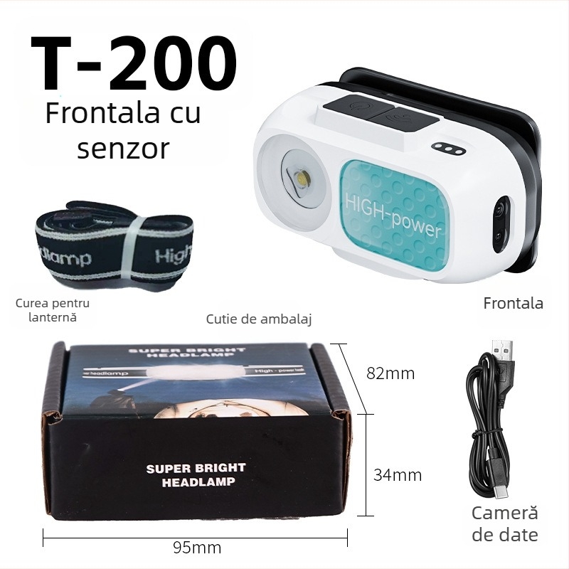 Frontala pentru exterior cu senzor de mișcare, lampă LED reîncărcabilă, ultra-ușoară și portabilă, baterie 1200mAh, 10W, încărcător inclus