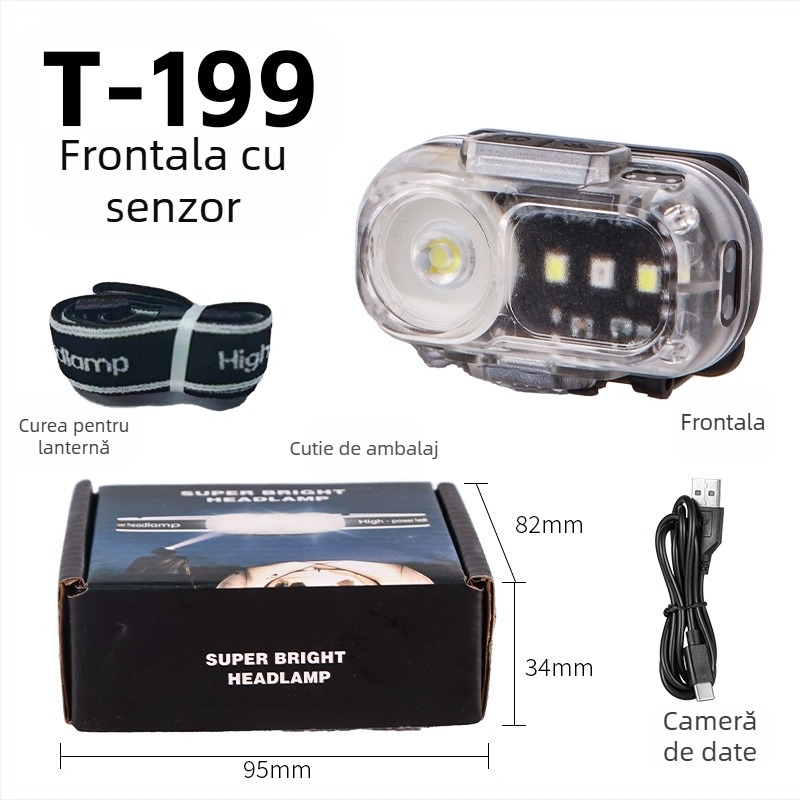 Frontala pentru exterior cu senzor de mișcare, lampă LED reîncărcabilă, ultra-ușoară și portabilă, baterie 1200mAh, 10W, încărcător inclus