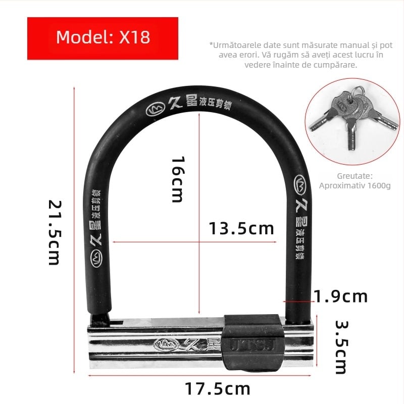 Lacăt în formă de U Jiuxing pentru vehicule electrice, motociclete și biciclete – oțel aliat, modele X18, 388, 8362; greutate 1,6 kg; stil modern minimalist