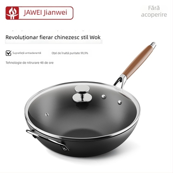 Wok din fontă fină, stil chinezesc, capac din sticlă, compatibil cu toate plitele, fund plat unic