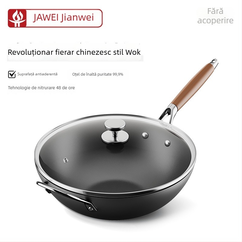 Wok din fontă fină, stil chinezesc, capac din sticlă, compatibil cu toate plitele, fund plat unic