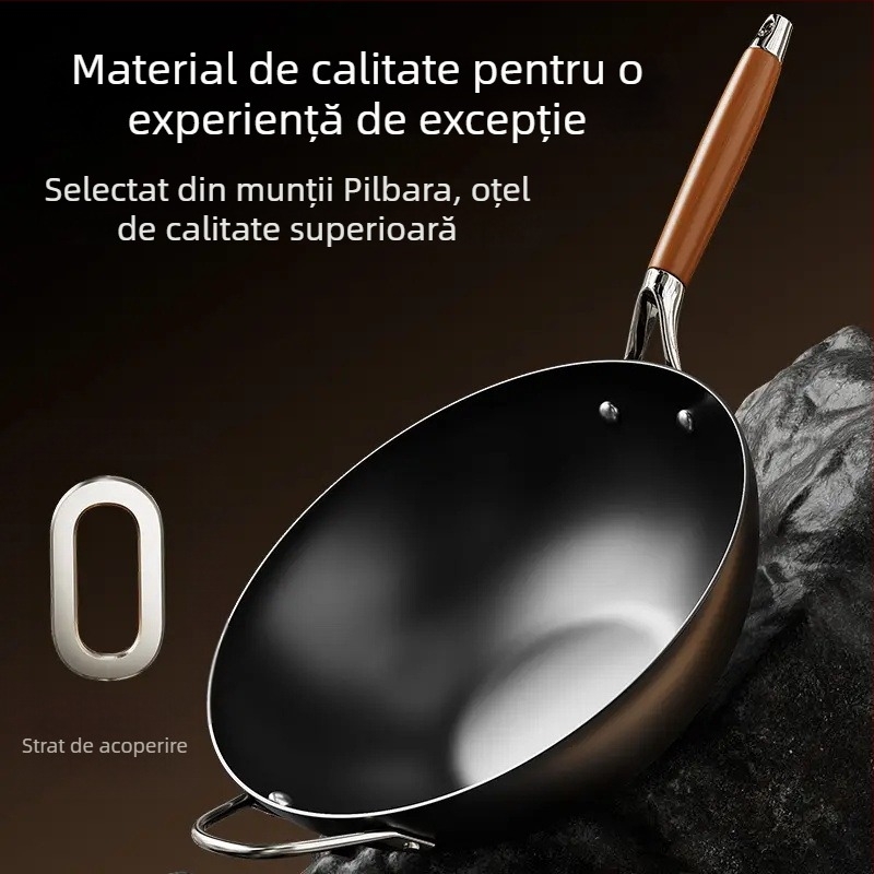 Wok din fontă fină, stil chinezesc, capac din sticlă, compatibil cu toate plitele, fund plat unic