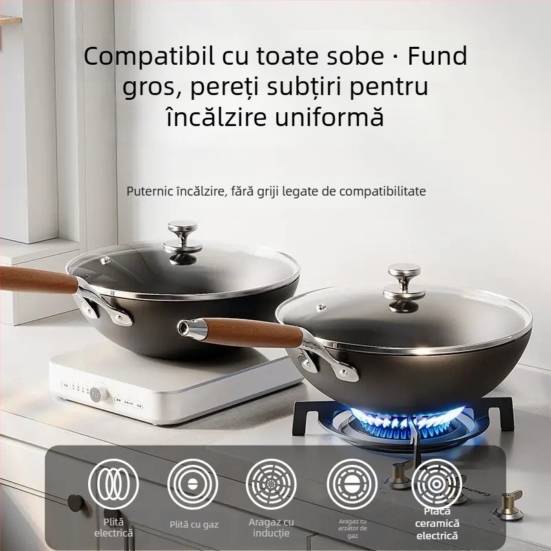 Wok din fontă fină, stil chinezesc, capac din sticlă, compatibil cu toate plitele, fund plat unic