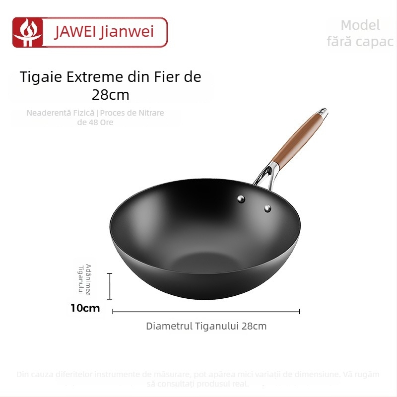 Wok din fontă fină, stil chinezesc, capac din sticlă, compatibil cu toate plitele, fund plat unic