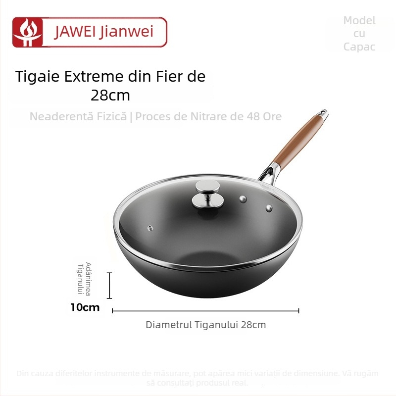 Wok din fontă fină, stil chinezesc, capac din sticlă, compatibil cu toate plitele, fund plat unic