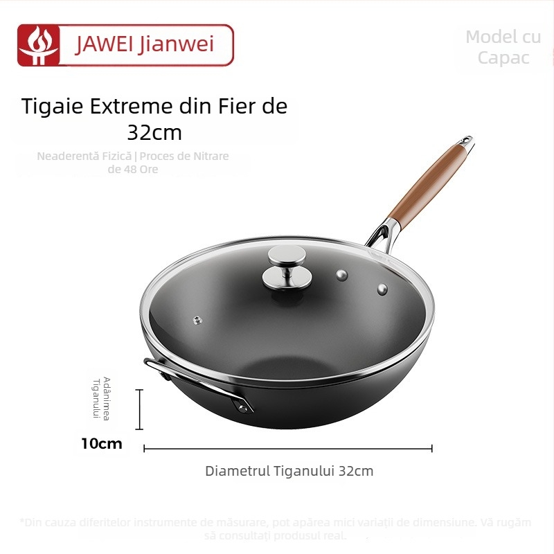 Wok din fontă fină, stil chinezesc, capac din sticlă, compatibil cu toate plitele, fund plat unic