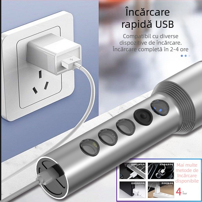 Jiadi lanternă LED din aliaj de aluminiu, reîncărcabilă, rază până la 200 m, protecție la supratensiune, rezistentă la explozii, autonomie baterie 30 h, 3.7V