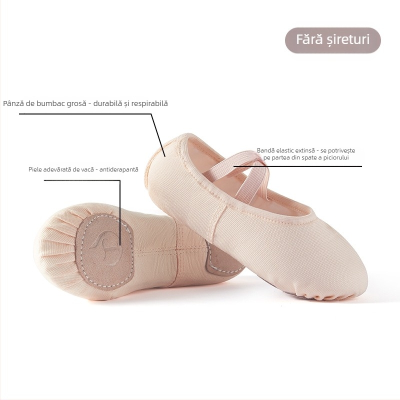 Pantofi de dans pentru copii - partea superioară din pânză, talpă din piele de vițel, respirabili, ușori, pentru balet și dans modern