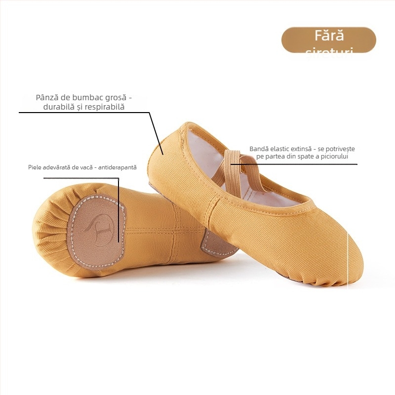 Pantofi de dans pentru copii - partea superioară din pânză, talpă din piele de vițel, respirabili, ușori, pentru balet și dans modern