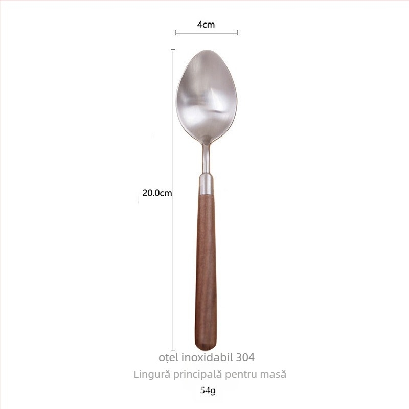 Set tacâmuri cu mâner din lemn de nuc, din oțel inoxidabil 304: cuțit pentru steak, furculiță și lingură de desert – lucrat manual, stil lux discret