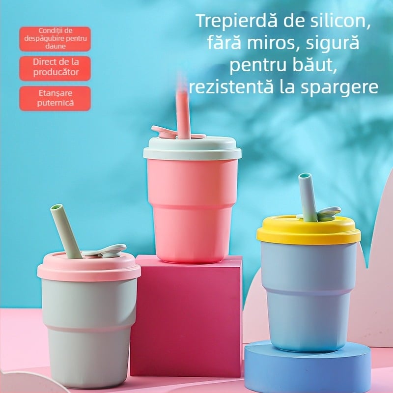 Pahar de băut pentru copii cu pai din silicon, din plastic, stil desene animate, rezistent la căderi