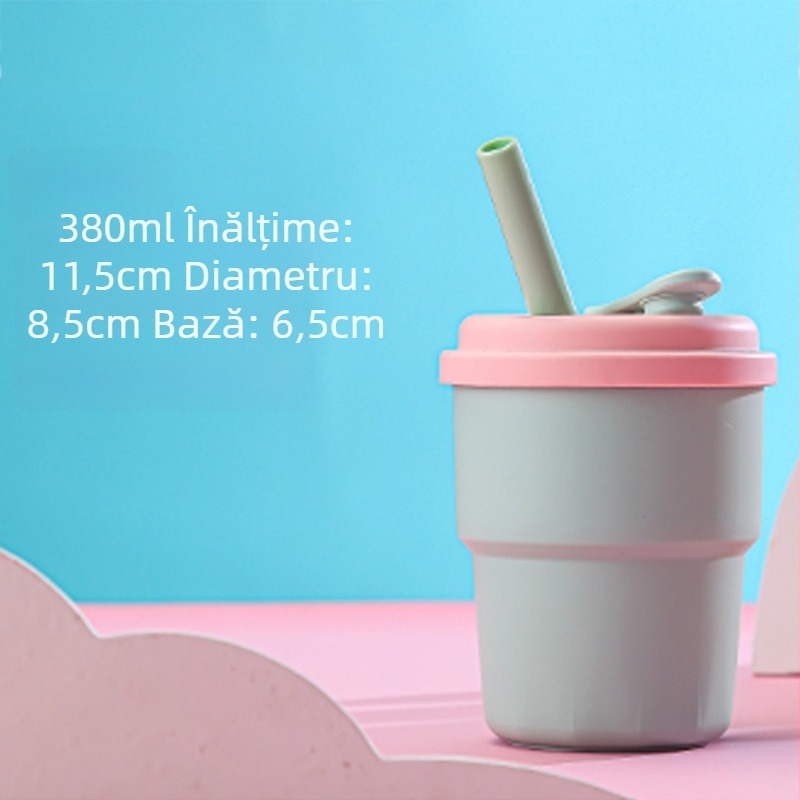 Pahar de băut pentru copii cu pai din silicon, din plastic, stil desene animate, rezistent la căderi