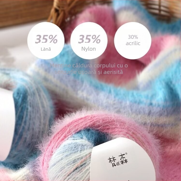 Set tricotat manual: pălărie, eșarfă și șal – Fire amestecate; Înfășurare inel; Fire de grup; Brand: Van sen