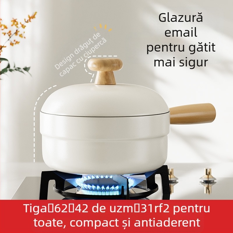 Oală pentru lapte cu acoperire email ceramic, corp din fier, antiaderent, capac din sticlă, oală de supă all-in-one