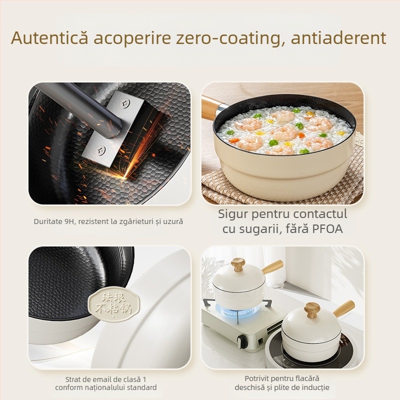 Oală pentru lapte cu acoperire email ceramic, corp din fier, antiaderent, capac din sticlă, oală de supă all-in-one