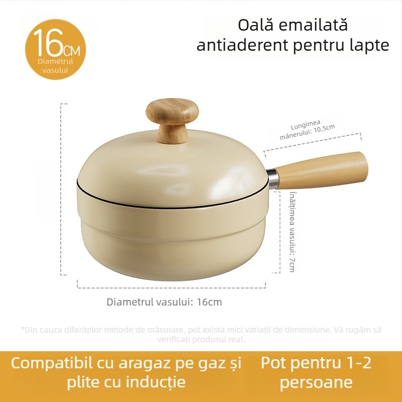 Oală pentru lapte cu acoperire email ceramic, corp din fier, antiaderent, capac din sticlă, oală de supă all-in-one