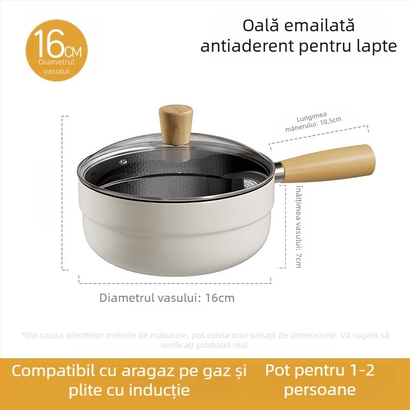 Oală pentru lapte cu acoperire email ceramic, corp din fier, antiaderent, capac din sticlă, oală de supă all-in-one