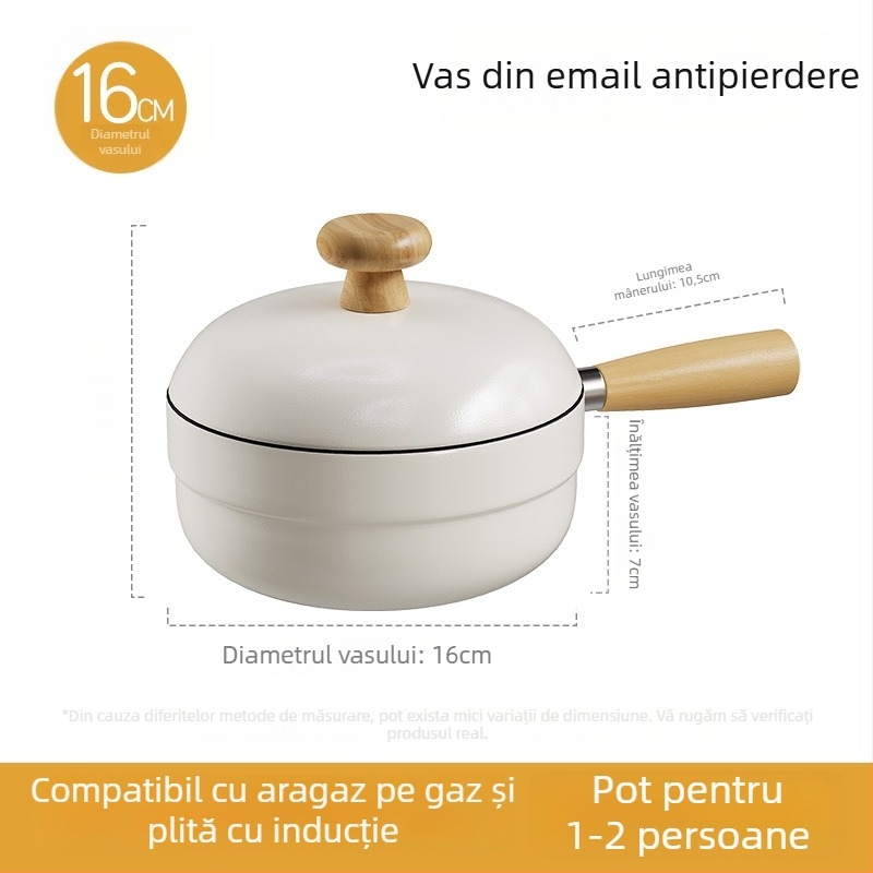 Oală pentru lapte cu acoperire email ceramic, corp din fier, antiaderent, capac din sticlă, oală de supă all-in-one