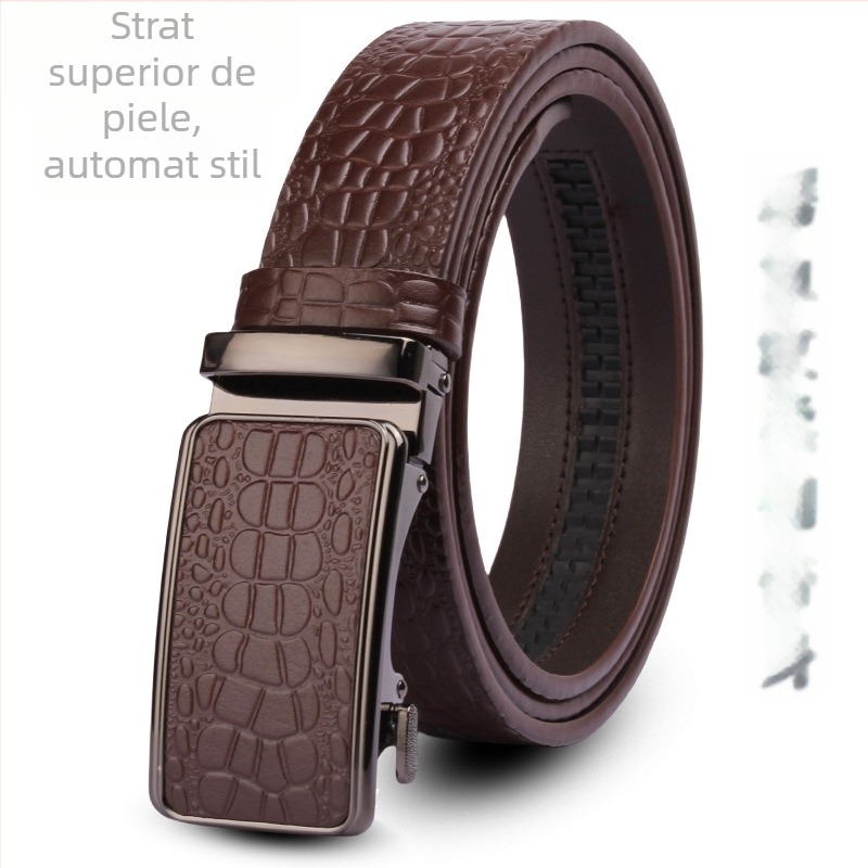 Curea de bărbați din piele naturală, model crocodil, cataramă automată, lățime 3,5 cm