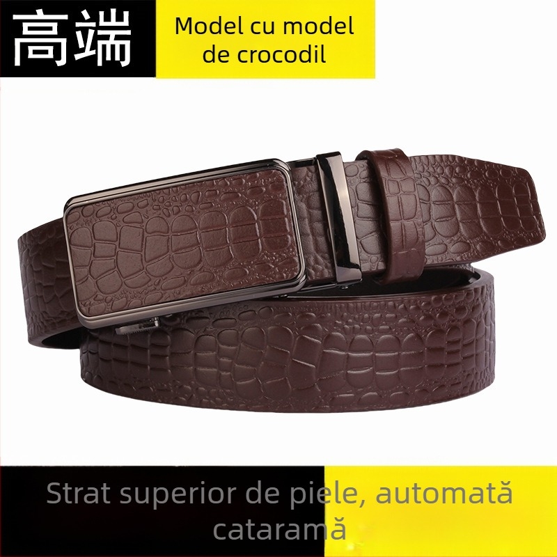 Curea de bărbați din piele naturală, model crocodil, cataramă automată, lățime 3,5 cm