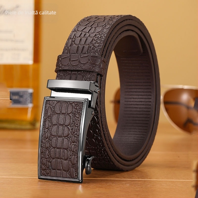 Curea de bărbați din piele naturală, model crocodil, cataramă automată, lățime 3,5 cm