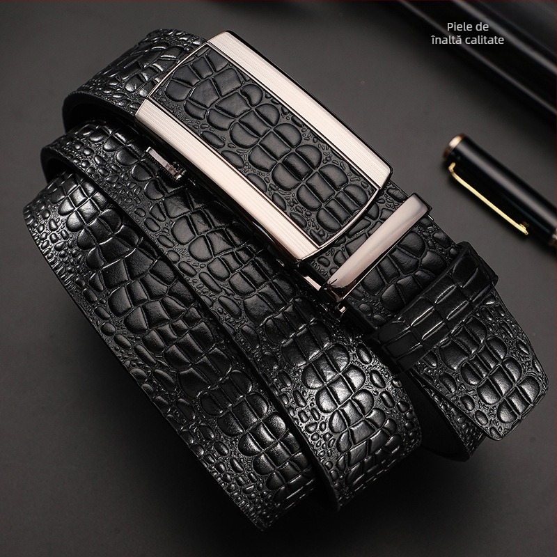 Curea de bărbați din piele naturală, model crocodil, cataramă automată, lățime 3,5 cm
