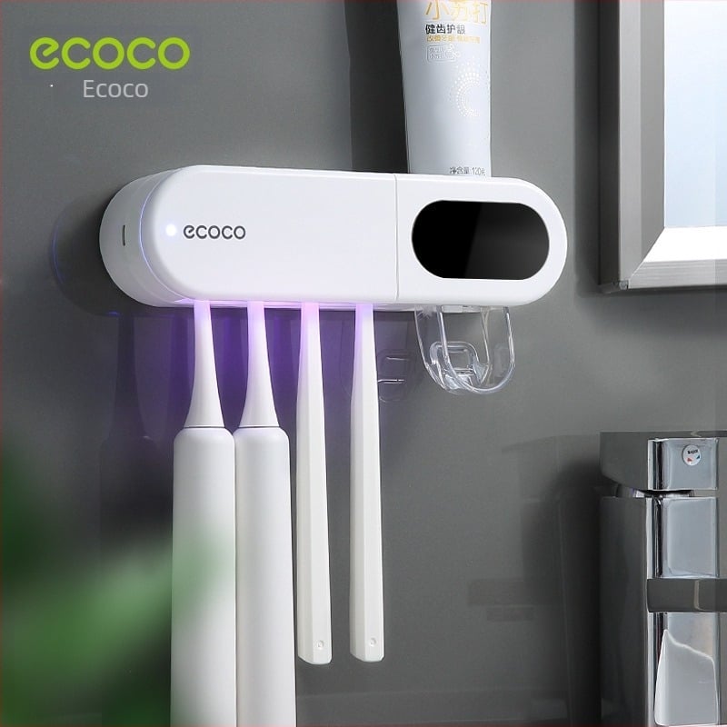 Ecoco sterilizator UV pentru periuțe de dinți, montaj pe perete fără găuri, suport din plastic și raft de depozitare