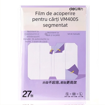 Husă de carte Deli – segmentată, autoadezivă, transparentă mată, impermeabilă, CPP material