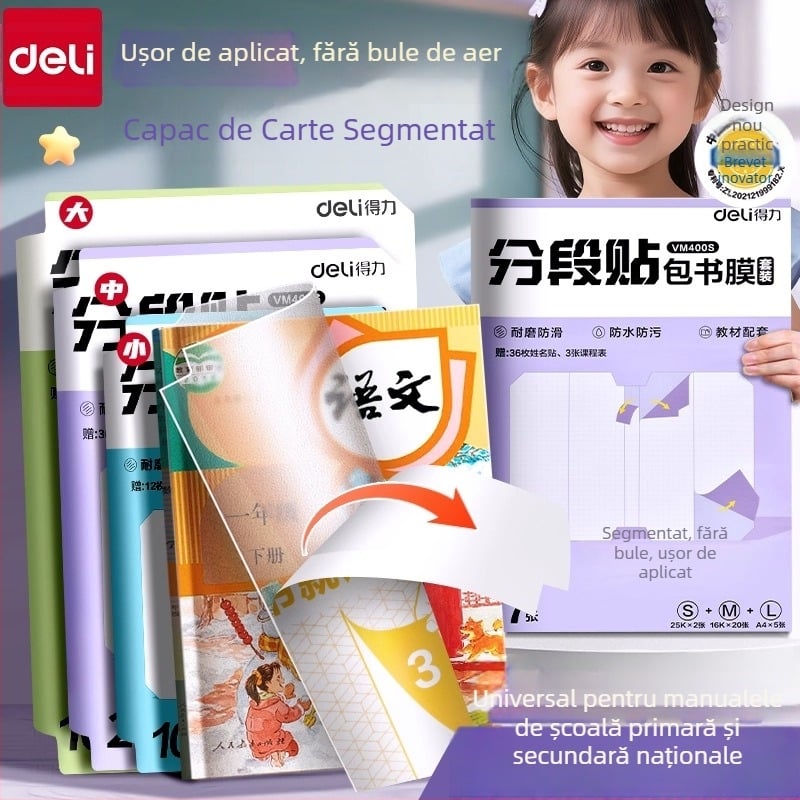 Husă de carte Deli – segmentată, autoadezivă, transparentă mată, impermeabilă, CPP material