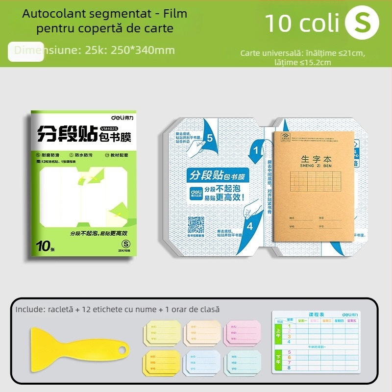 Husă de carte Deli – segmentată, autoadezivă, transparentă mată, impermeabilă, CPP material