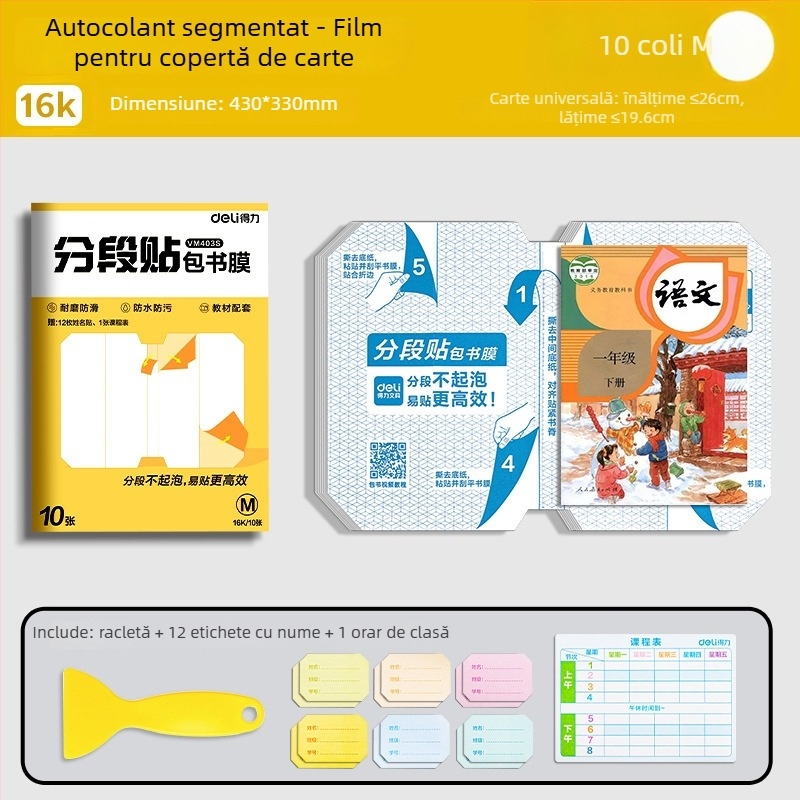 Husă de carte Deli – segmentată, autoadezivă, transparentă mată, impermeabilă, CPP material