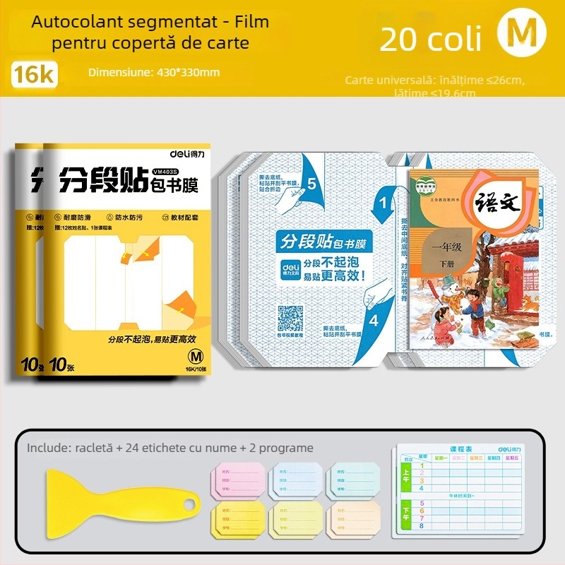 Husă de carte Deli – segmentată, autoadezivă, transparentă mată, impermeabilă, CPP material