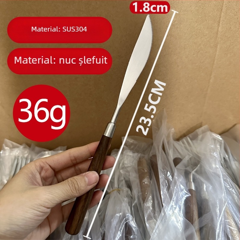Set de tacâmuri din oțel inoxidabil 304, cu mânere din lemn de nuc — cuțit, furculiță și lingură pentru uz casnic (stil retro ușor luxos)
