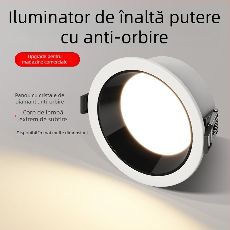 Downlight LED ultra-subțire pentru magazine de îmbrăcăminte, cu design anti-glare și cupă adâncă, 220V, 6000K, carcasă din aluminiu, 20000h