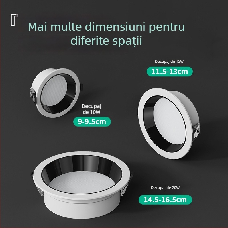 Downlight LED ultra-subțire pentru magazine de îmbrăcăminte, cu design anti-glare și cupă adâncă, 220V, 6000K, carcasă din aluminiu, 20000h
