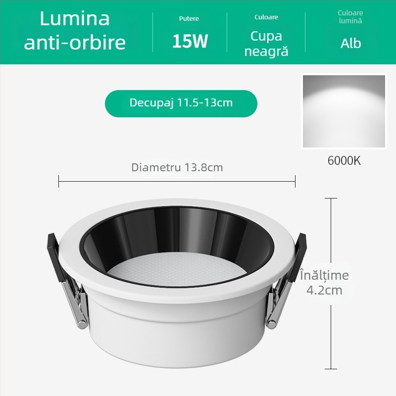 Downlight LED ultra-subțire pentru magazine de îmbrăcăminte, cu design anti-glare și cupă adâncă, 220V, 6000K, carcasă din aluminiu, 20000h