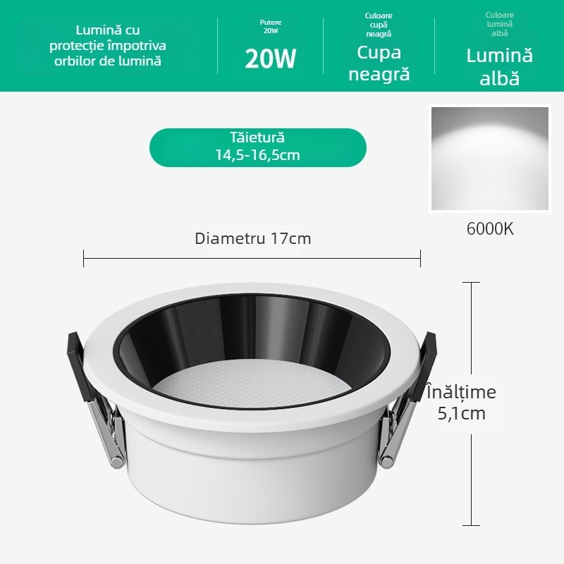 Downlight LED ultra-subțire pentru magazine de îmbrăcăminte, cu design anti-glare și cupă adâncă, 220V, 6000K, carcasă din aluminiu, 20000h