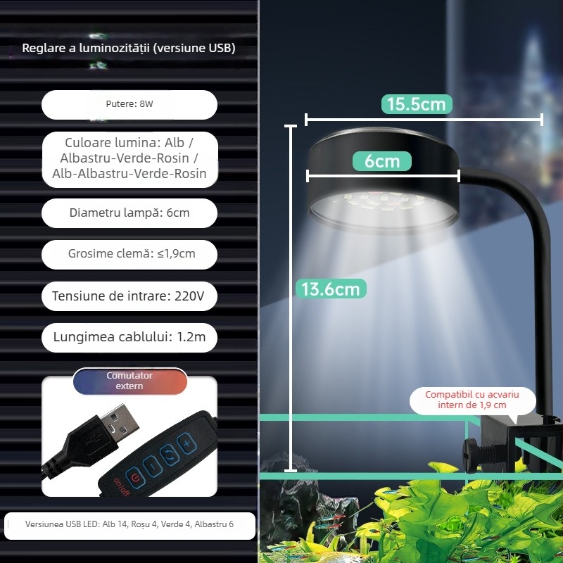 Lampă LED pentru acvariu cu plante acvatice, alimentare USB, 8W, ABS + unghi metalic