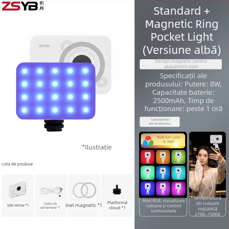 Lumină LED mini pentru telefonul mobil – model S8r, iluminare foto portabilă cu baterie încorporată, utilizare manuală, 5V, sub 10W