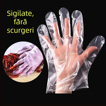 Mănuși de unică folosință pentru industria alimentară, transparente din PE, rezistente la ulei și pete, grosime 0,6–1,0 mm, 100 buc.