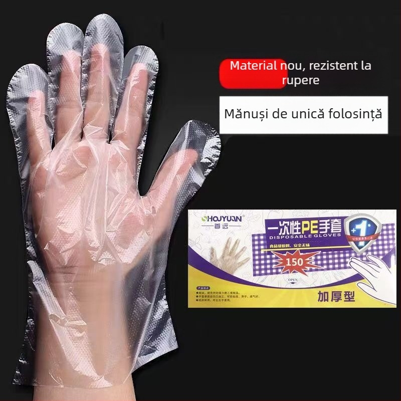 Mănuși de unică folosință pentru industria alimentară, transparente din PE, rezistente la ulei și pete, grosime 0,6–1,0 mm, 100 buc.