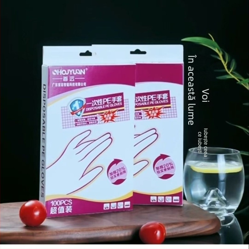 Mănuși de unică folosință pentru industria alimentară, transparente din PE, rezistente la ulei și pete, grosime 0,6–1,0 mm, 100 buc.